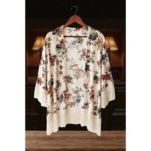Jodifl Size L Vintage Floral Print Kimono Cream Lace Trim Fringe Boho Cover Up